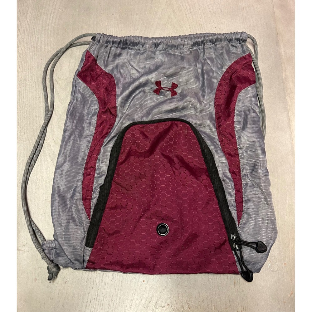 Under Armour Sackpack‎ Drawstring Backpack Gym Bag Maroon Grey UA Logo Front Zip